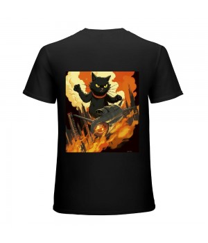 Black Japanese Catzilla Sunset T-Shirt - Classic Fit, Crew Neck, Cotton & Polyester Blend