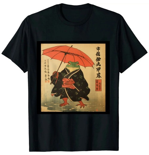 Ulloord Japanese Woodblock Art: Samurai Frog Japanese kanji T-Shirt