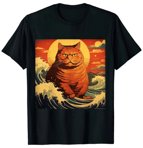 Ulloord Catzilla Vintage Funny Cute Cat Art Japanese Sunset Waves T-Shirt