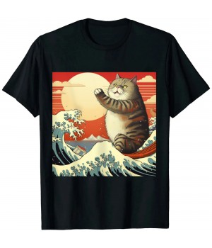 Ulloord Catzilla Cat Japanese Art Funny Cat Gifts For Men Women Kid T-Shirt