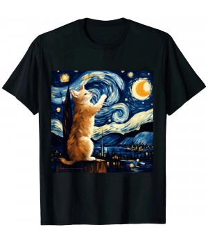 Ulloord Cat Starry Night Shirt - Cat Van Gogh Shirt - Cat Art Lover T-Shirt