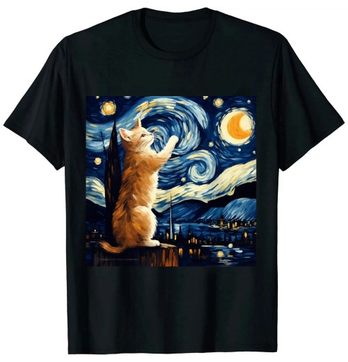 Ulloord Cat Starry Night Shirt - Cat Van Gogh Shirt - Cat Art Lover T-Shirt