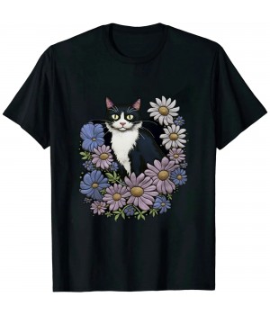 Ulloord Womens Tuxedo Cats Art Kitty Cat Flower Garden V-Neck T-Shirt