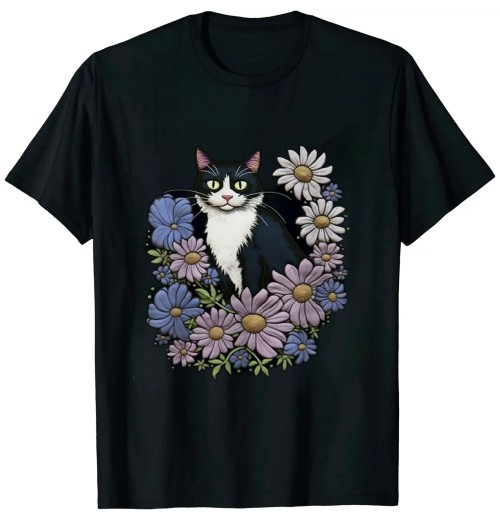 Ulloord Womens Tuxedo Cats Art Kitty Cat Flower Garden V-Neck T-Shirt