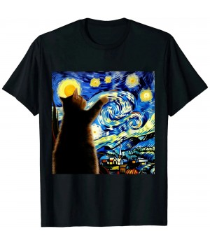 Ulloord Van Gogh Starry Night Cat T-Shirt - Classic Fit, Cat Lover/Mom/Dad Gift, Black Crew Neck