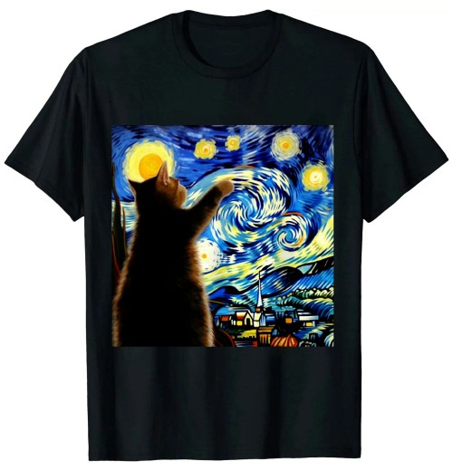 Ulloord Van Gogh Starry Night Cat T-Shirt - Classic Fit, Cat Lover/Mom/Dad Gift, Black Crew Neck