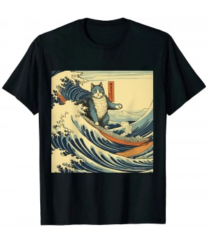 Ulloord Surfing Cat Hokusai Great Wave Off Kanagawa Japanese Art T-Shirt