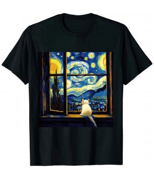 Ulloord Funny cat art painting Cat Lover Starry Night Cat Van Gogh T-Shirt