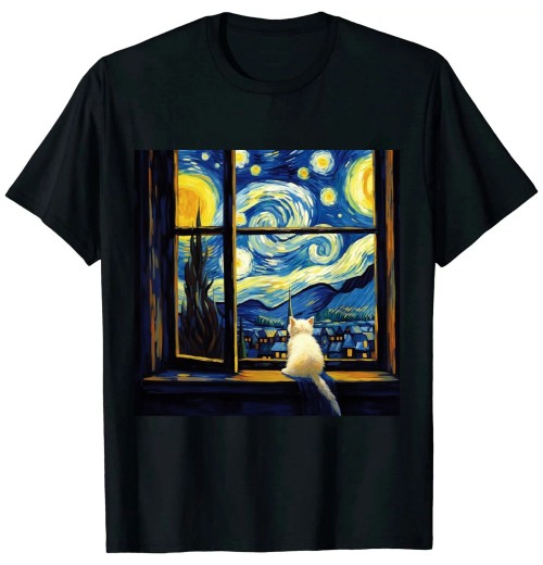 Ulloord Funny cat art painting Cat Lover Starry Night Cat Van Gogh T-Shirt