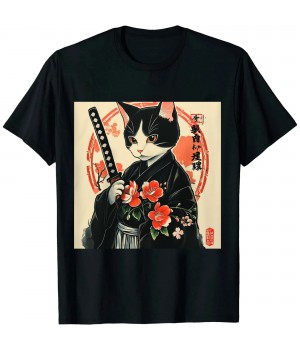 Ulloord Japanese Samurai Cat Tattoo, Kawaii Ninja Cat T-Shirt