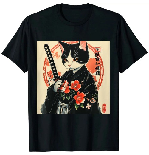 Ulloord Japanese Samurai Cat Tattoo, Kawaii Ninja Cat T-Shirt