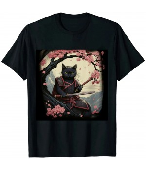 Ulloord Japanese Samurai Cat Tattoo, Vintage Kawaii Ninja T-Shirt