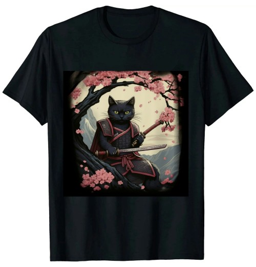 Ulloord Japanese Samurai Cat Tattoo, Vintage Kawaii Ninja T-Shirt