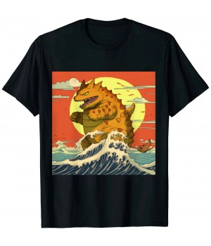 Ulloord Catzilla Vintage Funny Cute Cat Art Japanese Sunset T-Shirt