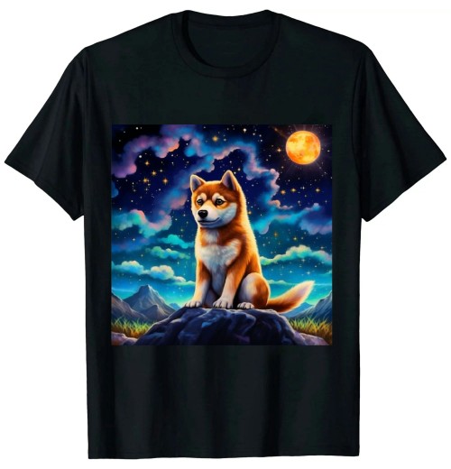 Ulloord Cute Shiba Inu Puppy Dog In A Starry Night Dog Art Painting T-Shirt