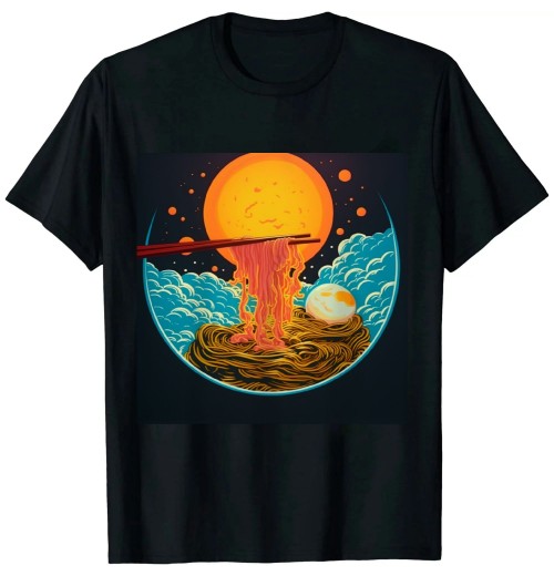 Ulloord Japanese Moon Ramen Graphic Neon Retro Anime Noodles Art T-Shirt