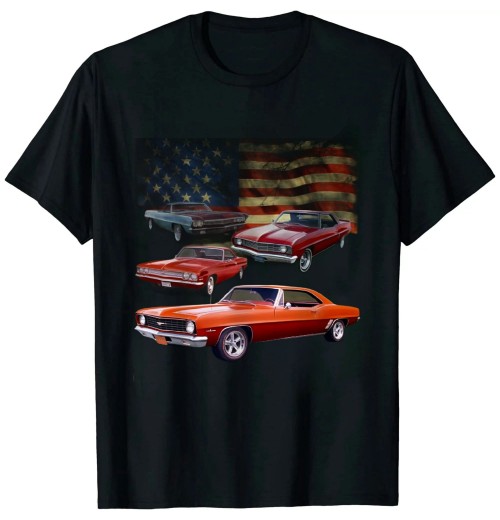 Ulloord Vintage Classic Muscle Car Retro American Flag Patriotic T-Shirt