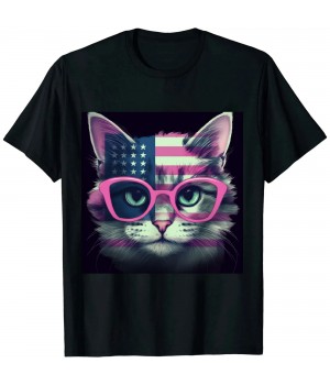 Ulloord 4th Of July Cat US American Flag Face With Glasses T-Shirt