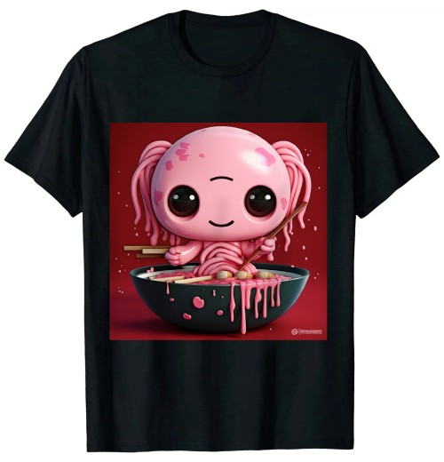 Ulloord Anime Kawaii Axolotl Eating Ramen Noodles Kids Teen Girl Boy T-Shirt