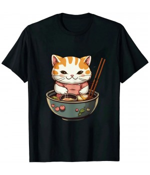 Ulloord Cat eating Ramen Noodles with Hearts Valentines Day T-Shirt