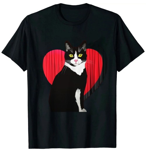 Ulloord Funny Black Cat Valentine's Day Heart Tuxedo Cat Lover T-Shirt