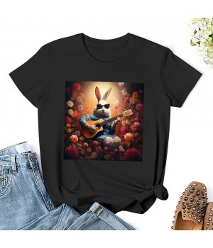 Shangniulu Womens Easter Bunny Shirt Cute Rabbit Playing Guitar T Shirts Cottagecore Clothing Aesthetic Graphic Tees