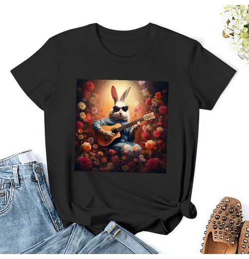 Shangniulu Womens Easter Bunny Shirt Cute Rabbit Playing Guitar T Shirts Cottagecore Clothing Aesthetic Graphic Tees