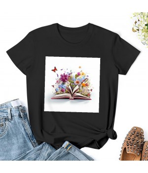 Shangniulu Womens Teacher Shirts Floral Book Lovers Tshirts Cute Wildflower School Reading Short Sleeve Vintage Graphic Tees