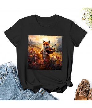 Shangniulu Classic round neck women's T-shirt, cute little fox playing guitar T-shirt with soft fabric, good elasticity, lightweight and breathable