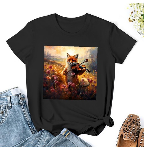 Shangniulu Classic round neck women's T-shirt, cute little fox playing guitar T-shirt with soft fabric, good elasticity, lightweight and breathable