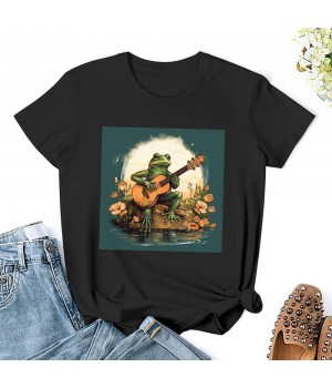 Shangniulu Womens Frog Shirt Cute Frog Playing Guitar Cottagecore T-Shirt Casual Graphic Tee Short Sleeve Top