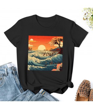 Shangniulu Classic round neck women's T-shirt, Japanese painting sunset T-shirt with soft fabric, good elasticity, lightweight and breathable