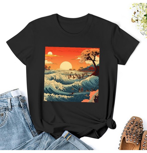 Shangniulu Classic round neck women's T-shirt, Japanese painting sunset T-shirt with soft fabric, good elasticity, lightweight and breathable