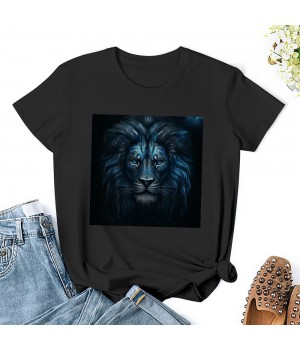 Shangniulu Classic round neck women's T-shirt, simple and simple, lion art printed T-shirt with soft fabric, moisture wicking and sweat wicking