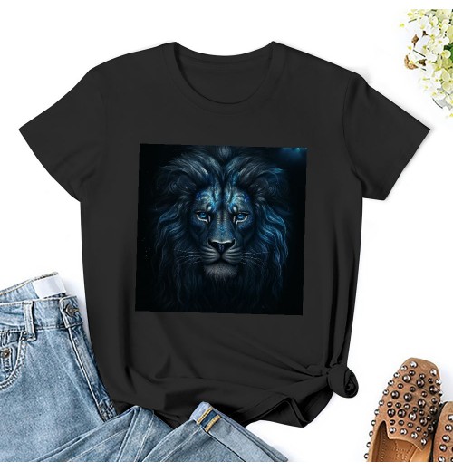 Shangniulu Classic round neck women's T-shirt, simple and simple, lion art printed T-shirt with soft fabric, moisture wicking and sweat wicking