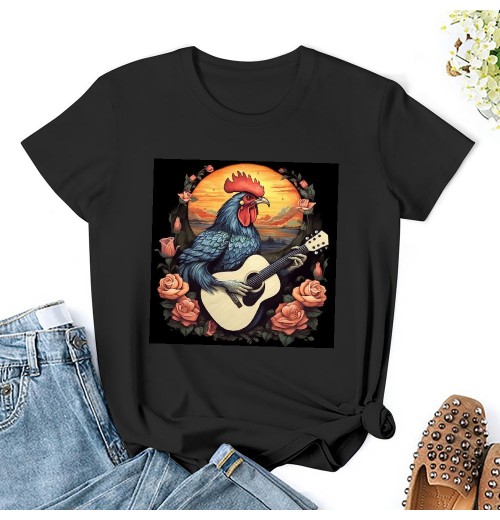 Shangniulu Womens Cottagecore Shirt Rooster Playing Guitar T-Shirt Aesthetic Graphic Tee Short Sleeve Top