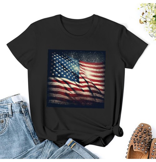 Shangniulu Classic round neck women's T-shirt, printed with the American flag, summer personalized fashion T-shirt, soft fabric, good elasticity, lightweight and breathable