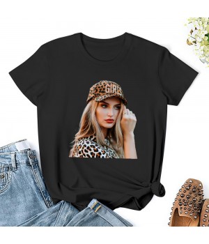 Shangniulu Classic round neck women's T-shirt, leopard print girl print summer personalized fashion T-shirt soft fabric, good elasticity, lightweight and breathable