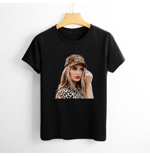 Shangniulu Classic round neck women's T-shirt, leopard print girl print summer personalized fashion T-shirt soft fabric, good elasticity, lightweight and breathable