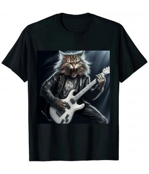 Rock  mens woman Funny Guitar Cat T-Shirt