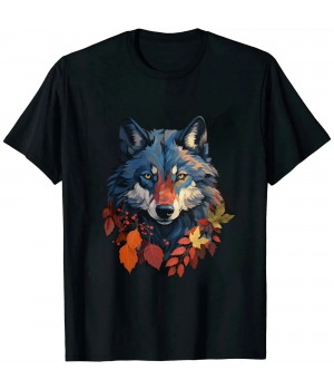 Shangniulu Wolf Autumn Leaves | Art Animal Motif Wolf T-Shirt