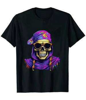 Shangniulu Rebellious Shades: Edgy Skull in Sunglasses Graphic Design T-Shirt