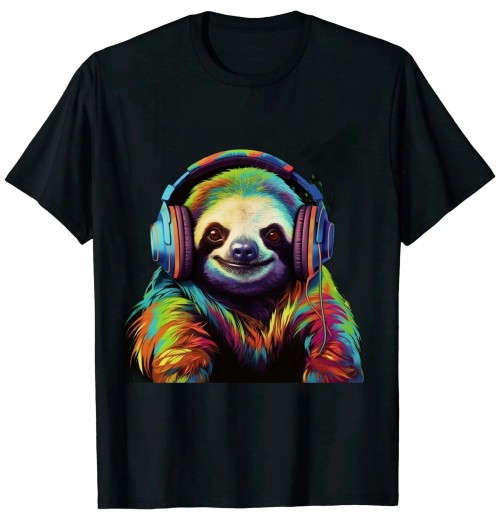 Shangniulu Sloth Artwork Music Colourful Animal Headphones Sloth T-Shirt